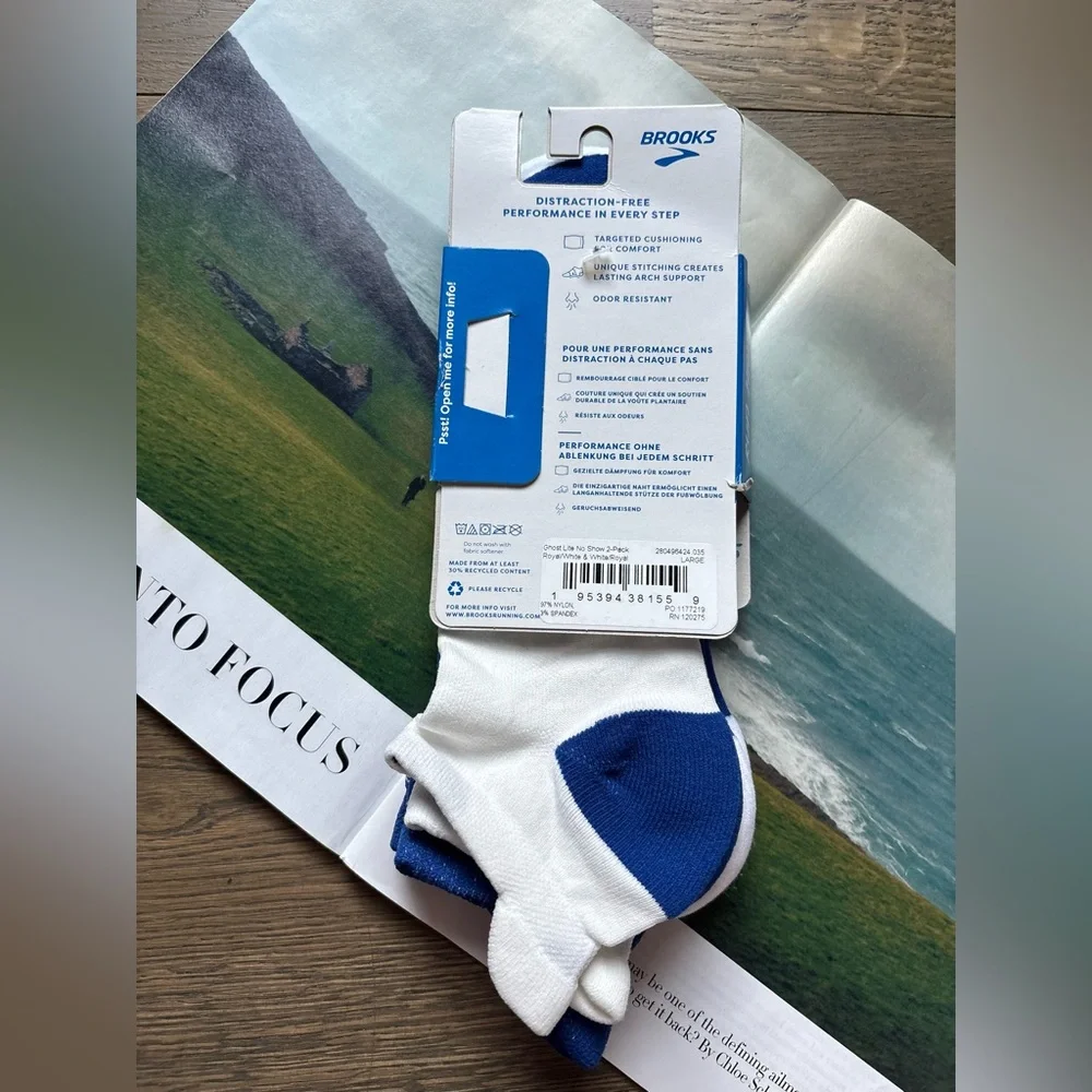 New Brooks Ghost Lite No-Show Running Socks In Blue/White 2-Pack Size L